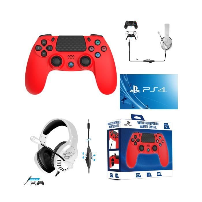 Manette PS4 Bluetooth Rouge pour PLAYSTATION SONY Manette BT Rouge 3.5 JACK + Casque Gamer Blanc PS4-PS5