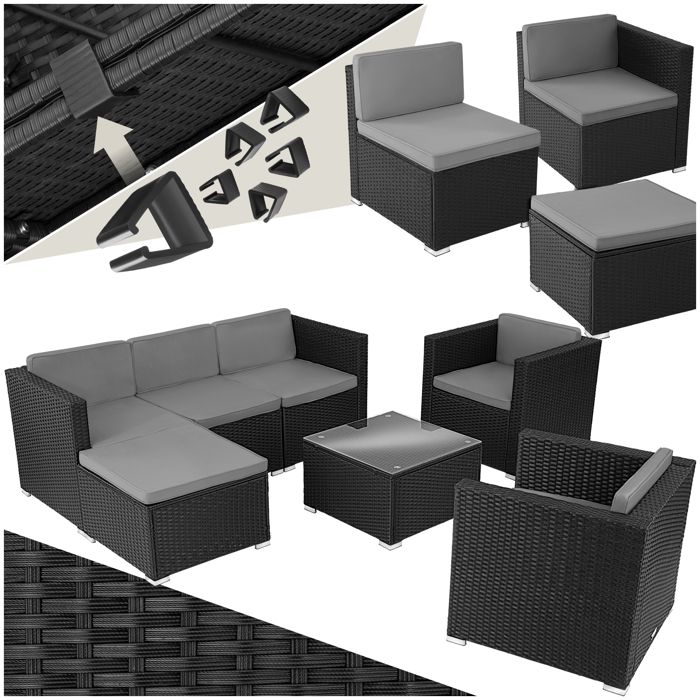 Salon de jardin - TECTAKE - Ensemble lounge dextérieur LIGNANO 6 places modulaire fauteuils et 1 table avec plaque en verre - Noir