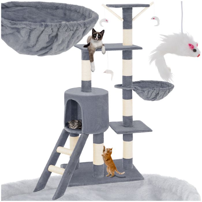 Meilleurs prix pour TECTAKE Arbre à chat 142 cm DOMINIQUE Griffoir 3 Souris + 1 Hamac - Gris