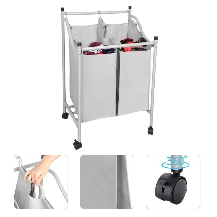 Gris Panier à linge à roulettes avec 2 sacs en tissu amovibles, Willonin® Chariot de Stockage des jouets