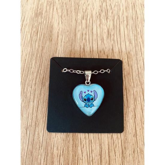 Collier stitch fleur bleu cabochon pendentif bijoux fantasie