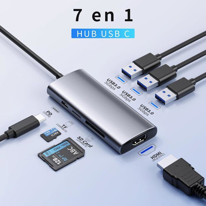 Hub USB-C 7-en-1 – Ports HDMI 4K, 3x USB 3.0, SD/TF Et Charge 100W | Compatible MacBook, IPhone 15, PC Et Tablettes