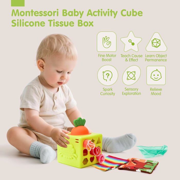 BASAMOU – Cube D’activités Montessori 7 En 1 – Boîte à Mouchoirs, Horloge, Engrenages, Pêche – Dès 6 Mois