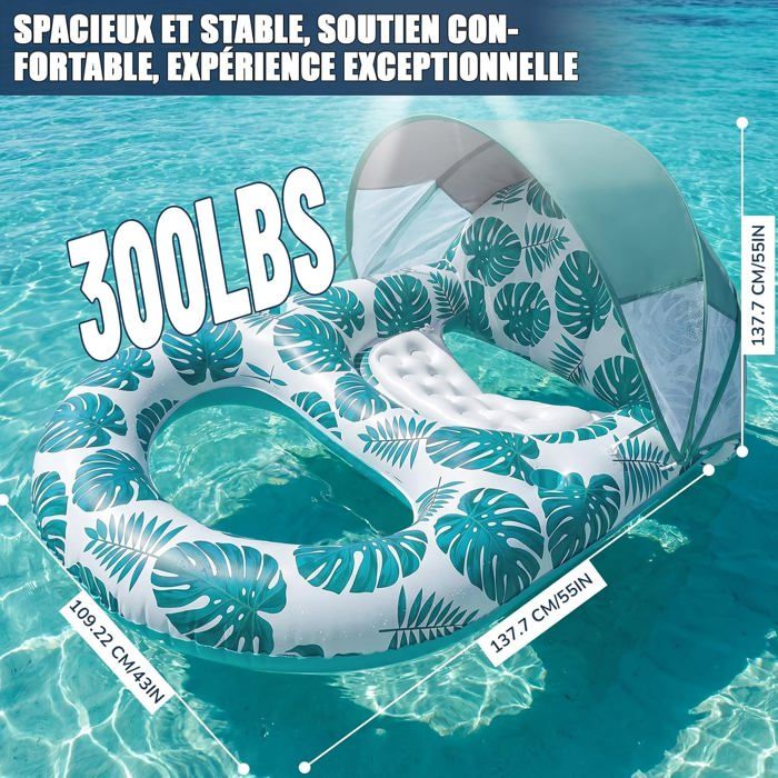 Matelas Gonflable Piscine Avec Pare-soleil UPF50+ - Transat Flottant Pour Adulte, Porte-gobelet Et Rangement Téléphone