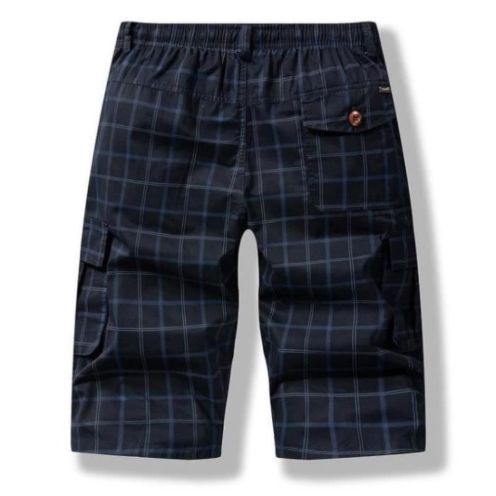 pantacourt-cargo-homme-carreaux-en-coton-multi-poches-taille-elastique