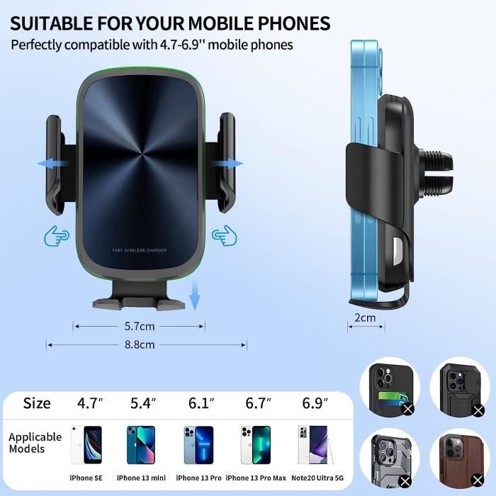 Auckly 15W Qi Chargeur Induction Voiture,[Sens électromagnétique] Chargeur Sans Fil Voiture Rapide Automatic Support Telephone Voiture Ventouse Pour IPhone 12 Pro Samsung Huawei Tous Les Appareils Qi