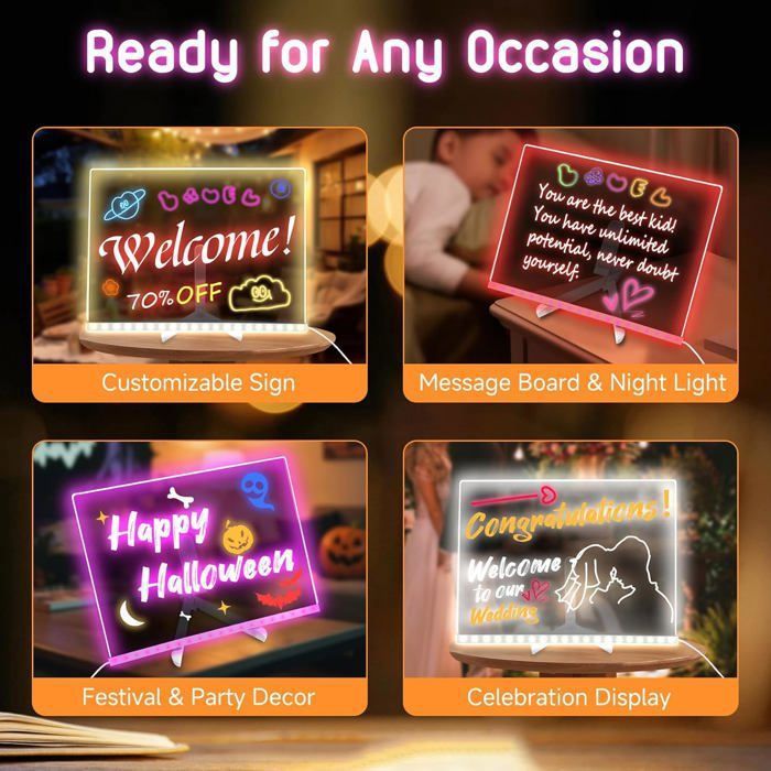 Tableau Lumineux LED Effaçable - 30x20cm - 7 Couleurs - Pour Messages Et Dessins