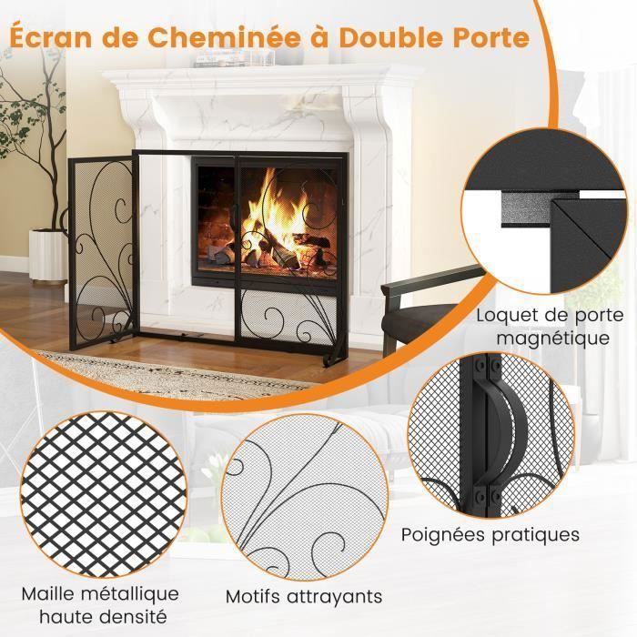 Pare-Feu Cheminée Avec Portes Coulissantes - Métal, Maille Anti-Étincelles - Dimensions 96x79cm - Autoportant, Stable