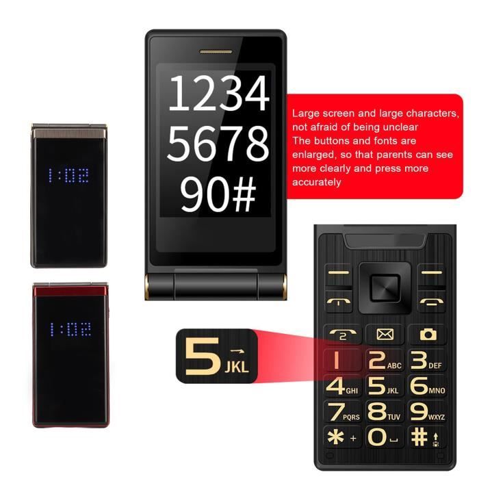 Téléphone Portable Senior Clapet Débloqué 2.4+1.8 Dual LCD Écran
