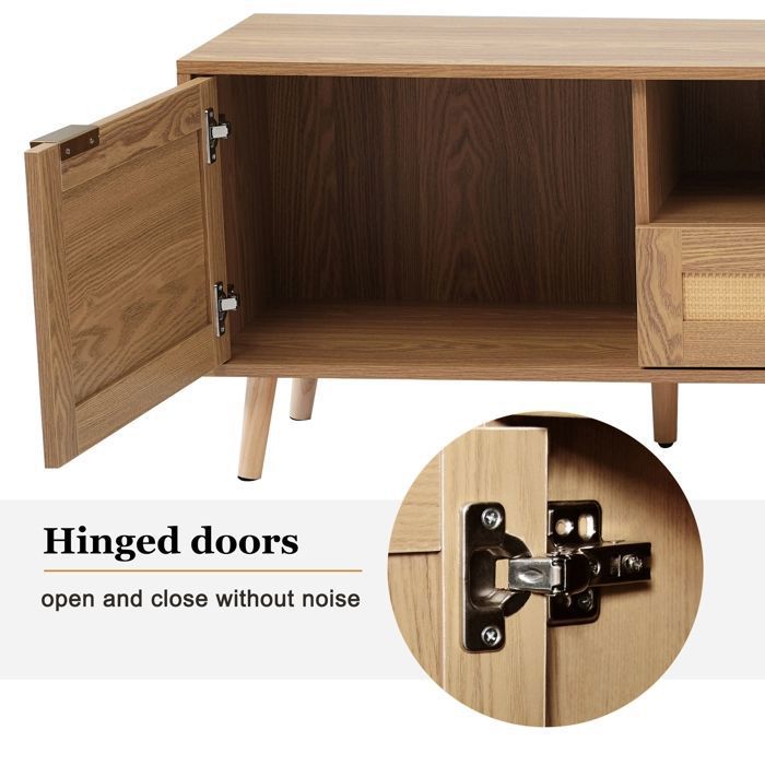 Merax Meuble TV Avec éclairage LED, Panneau Bas Moderne Avec Nervures En Bois, Table TV Avec 3 Armoires, Design Industriel, 175 X 31 X 41 Cm, Chêne Clair