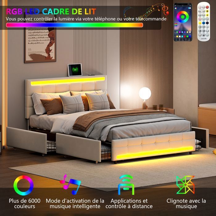 Lit Double 140x200 Cm Avec Tête De Lit LED RGB Et Ports USB - 4 Tiroirs De Rangement, Housse Lin Beige - Sans Matelas