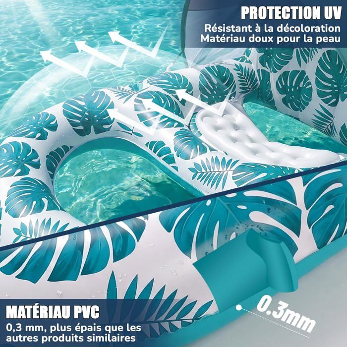 Matelas Gonflable Piscine Avec Pare-soleil UPF50+ - Transat Flottant Pour Adulte, Porte-gobelet Et Rangement Téléphone