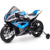 Moto électrique BMW HP4 bleue pour enfant de 3 à 8 ans avec roues latérales et batterie rechargeable 12V