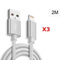 X3 Cable Metal Nylon Renforce Chargeur USB Couleur Argent pour IPhone Longueur 2m Tréssé Compatible IPhone 6/7/8/X/Xr/11/12 X3