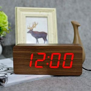 Radio réveil horloge numérique LED en bois, réveil moderne carr