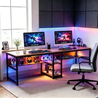 Bureau Gaming Avec Rangement HLFURNIEU Bureau Gaming Avec LED, Bureau Gamer 120 × 60 Cm, Table Gaming Ergonom Bureau Noir Avec Rangement