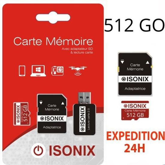 Carte Micro SD 512 Go - Classe 10, Vitesse Lecture 80 Mo/s - Avec Adaptateur SD - Pour Téléphone, Caméra, Drone, Console