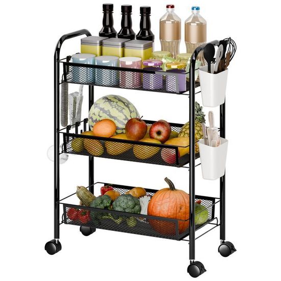 Chariot De Rangement 3 Niveaux Avec Tiroirs Amovibles - Mobile Avec Roues Pour Cuisine, Salle De Bain, Bureau (67x25x23 Cm)