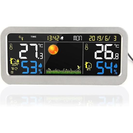Station Météo Color & Wood FISHTEC Radio Pilotée Écran XL Coloré Bois Argenté Capteur Extérieur