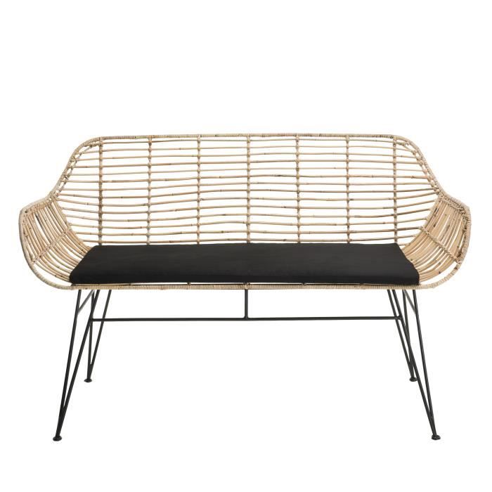 Canapé 2 places Long Island - Rotin naturel - Coussin noir - Pieds métal - L 126 x P 70 cm
