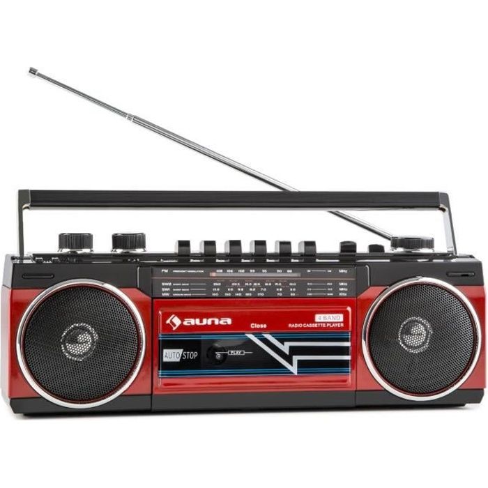 auna Duke Poste radio cassette portable rétro Ghettoblaster Bluetooth (USB ,SD MP3 , tuner FM , haut-parleurs stéréo) - rouge