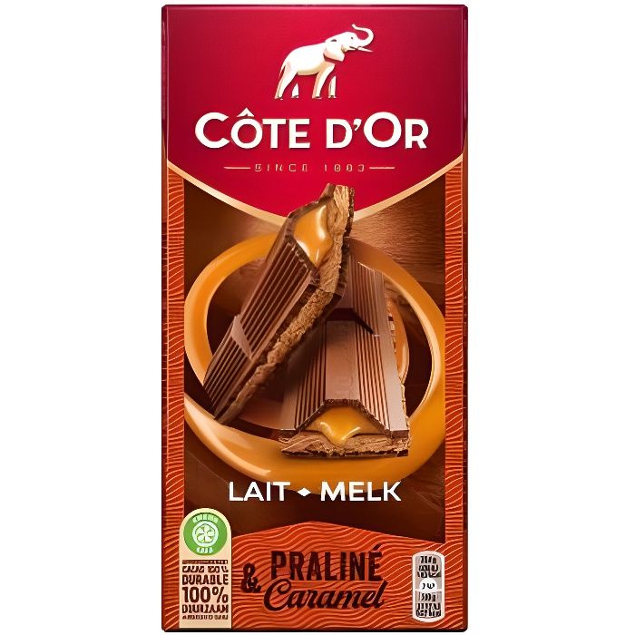 Chocolat au lait fourré et caramel Côte d'Or, 200g - DDM : 02/12/22