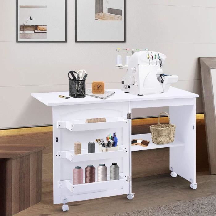 DREAMADE Table pour Machine à Coudre en Bois Pliable et Mobile, Armoire Machine à Coudre avec 4 Étagères, 116,5 x 49,8 x 77,5CM