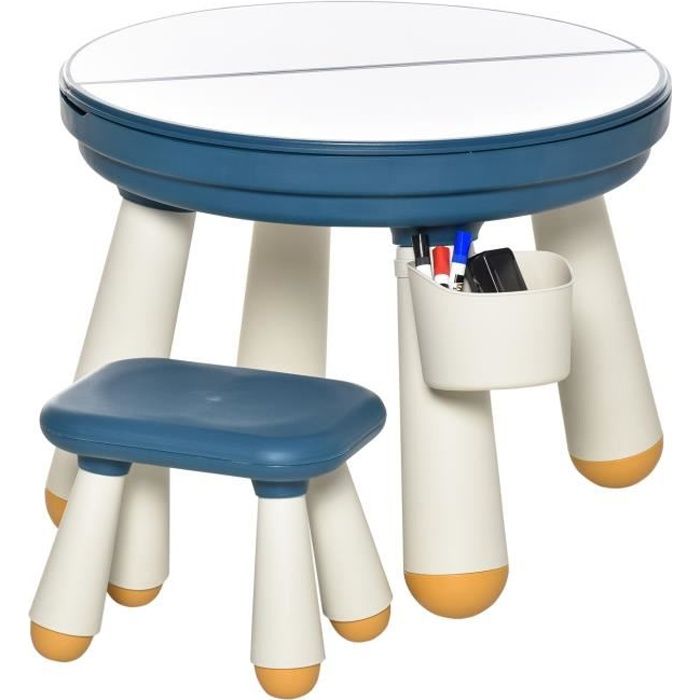 Ensemble table de construction multi-activités pour enfant avec tabouret Ø 63 x 49H cm bleu et blanc 63x63x49cm Bleu