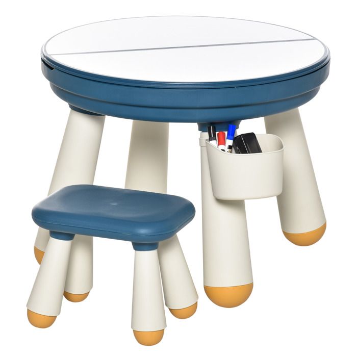 Ensemble table de construction multi-activités pour enfant avec tabouret Ø 63 x 49H cm bleu et blanc 63x63x49cm Bleu