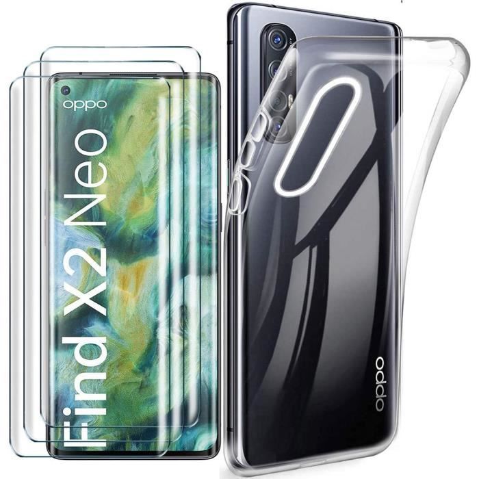 Coque Oppo Find X2 Neo + 3 x Film Protection d'écran en Verre Trempé - Transparent Clear TPU Doux Silicone Etui Bumper Gel HoNC