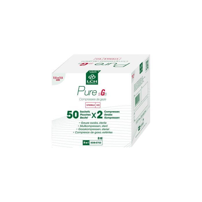 Lot de 18 boites de 100 Compresses de gaze stérile PURE 7,5x7,5 cm - Boite de 50 sachets de 2 compresses
