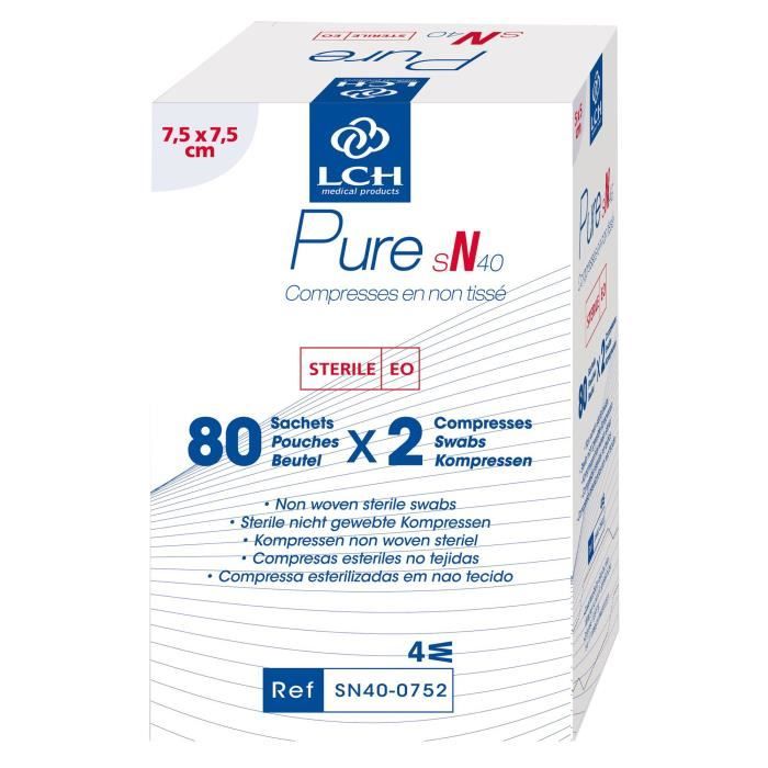 Lot de 20 boites de 160 Compresses PURE Non tissé stérile 40g - 7,5x7,5 cm - Boite de 80 sachets de 2 compresses