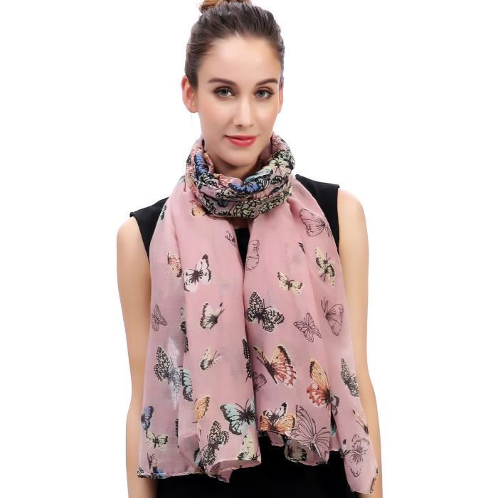 Écharpe Foulard Châle Femme Imprimé Papillons (Vieux Rose)