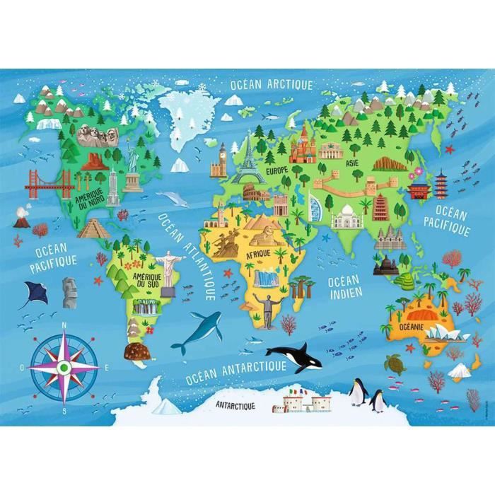 Puzzle 100 pièces : Carte du monde des monuments Coloris Unique