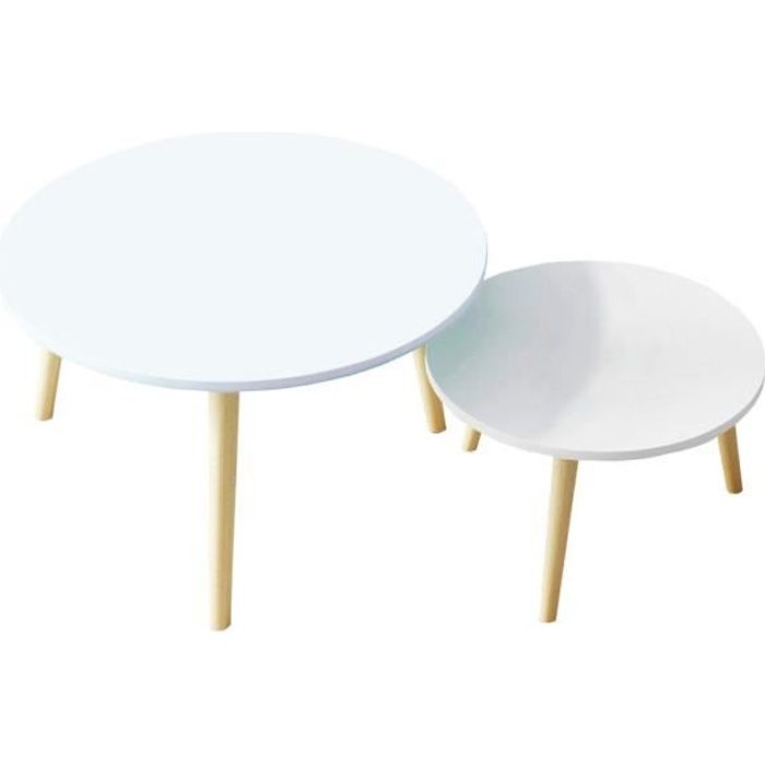 Lot de 2 tables basses coloris blanc - naturel - Diamètre 60 x hauteur 42 cm - Diamètre 42 cm x hauteur 35 cm