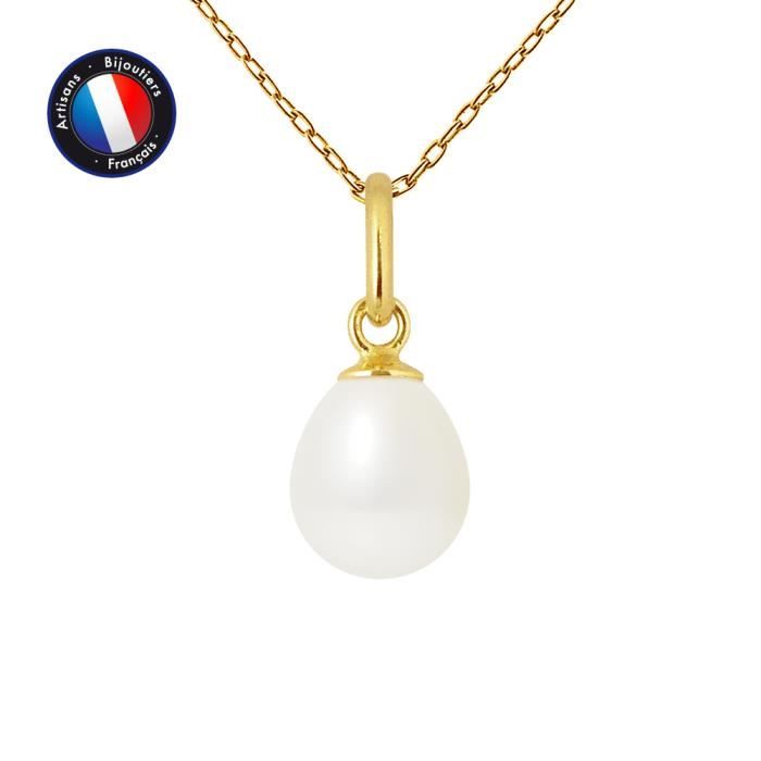 PERLINEA - Pendentif - Véritable Perle de Culture d'Eau Douce Poire 7-8 mm Blanc - Or Jaune - Chaîne Offerte - Bijoux Femme