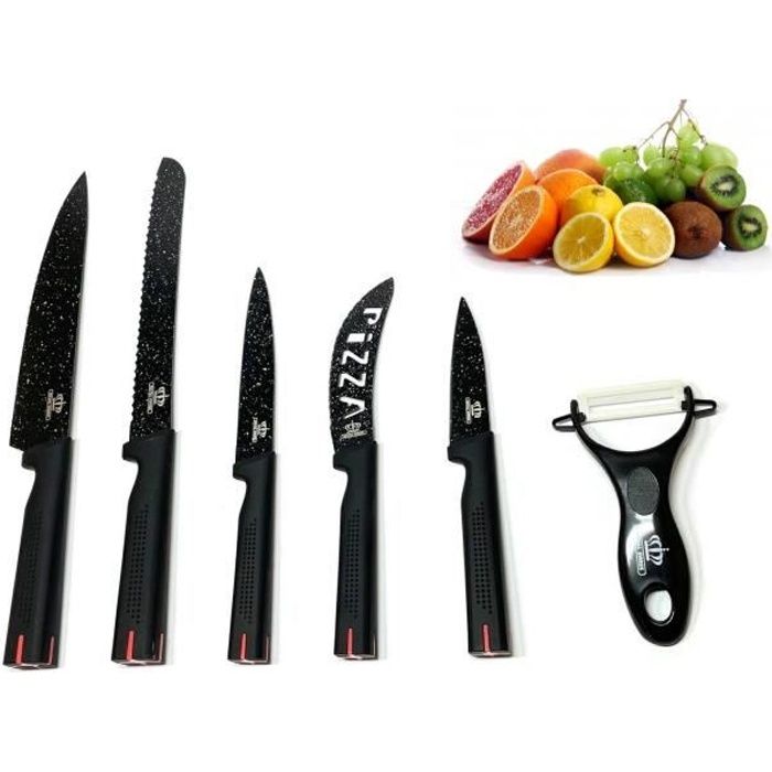 Set Couteaux de Cuisine - Ensemble de Couteaux Pro - Couteaux de Chef 6 Pcs en Céramique avec Eplucheur - Noir