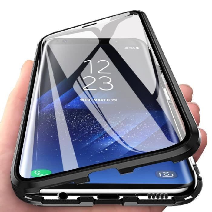 Galaxy S8 Coque, Verre trempé Couverture Plein écran Métal avec Adsorption Magnétique pour Samsung Galaxy S8 Noir