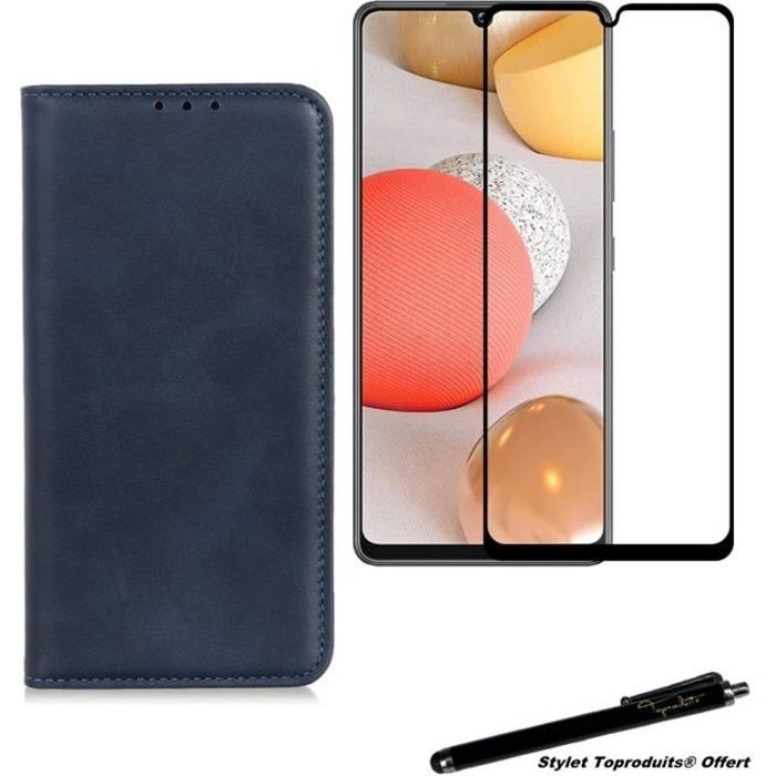 Etui portefeuille bleu pour Samsung Galaxy A12 Housse à fermeture magnétique et Verre trempé bords noirs avec Stylet Toproduits®