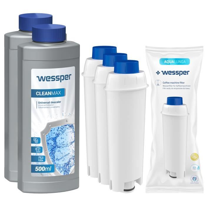 Wessper 3xFiltres à eau DLSC002 compatible avec cafetiere DeLonghi Magnifica ECAM ESAM ETAM BCO EC+2x 500ml détartrants pour machine