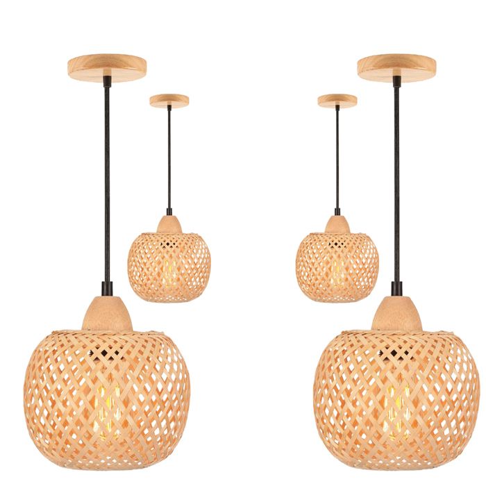 IDEGU 4pcs Lustre Suspension Vintage Lampe Luminaire Ajustable en Bambou Designe Rond Plafonnier Style Campagne pour Salon Chambre