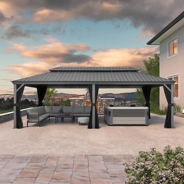 Tonnelle De Jardin 3x3m PURPLE LEAF – Pergola Aluminium Double Toit Avec Moustiquaire, Rideaux & Intimité, Gris