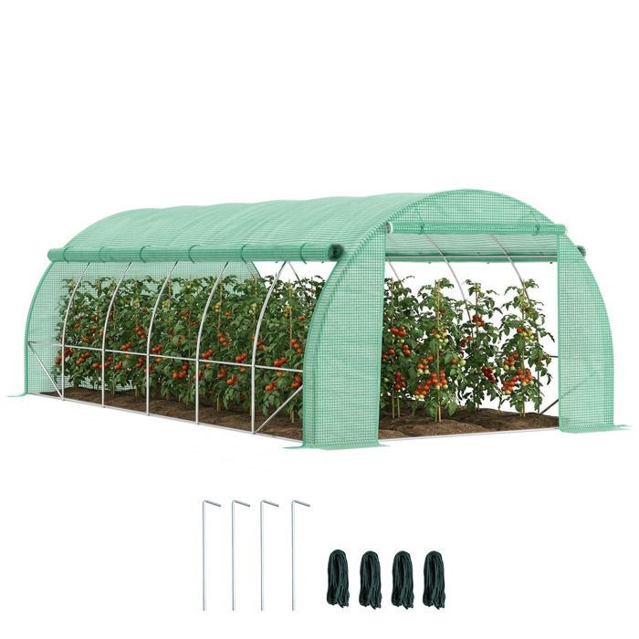 Serre tunnel - Outsunny - 18 m² - avec porte + parois latérales zippées enroulables 12 fenêtres - acier PE - 6 x 3 x 2 m - vert