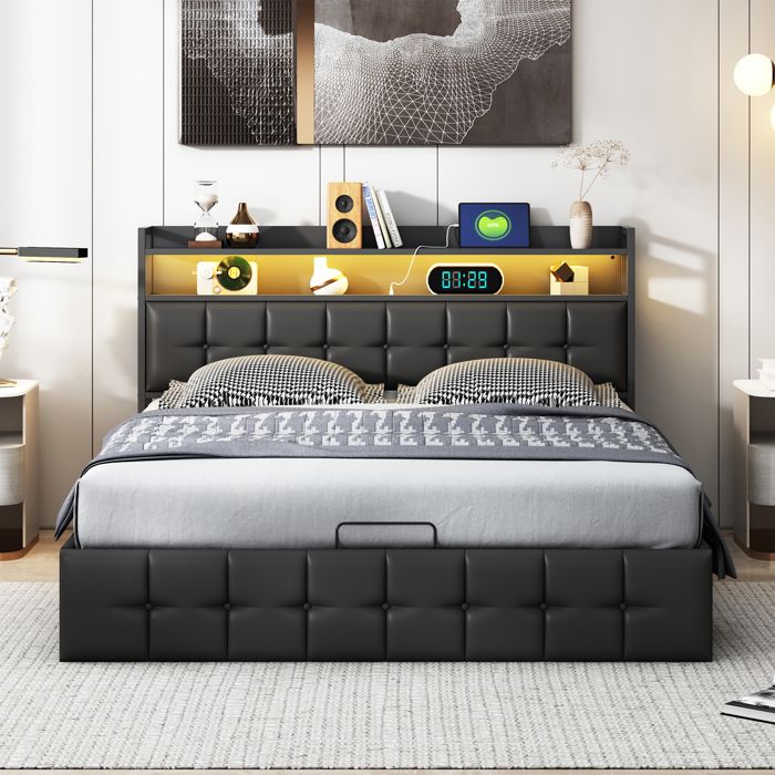 140x200CM Matériel de lit double en cuir noir Matériel de lit avec base de bande LED USB et stockage hydraulique