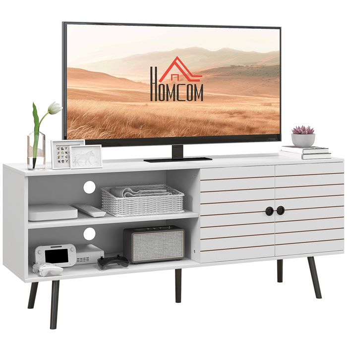 Meuble TV HOMCOM meuble pour télévision jusquà 65 pouces avec 2 compartiments ouverts et 1 étagère réglable 145x38x65 cm Blanc
