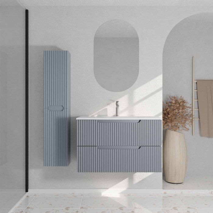 Meuble et colonne de Salle de Bains LEON 80cm Gris Souris - Façades Ondulées - Vasque Blanche Mate