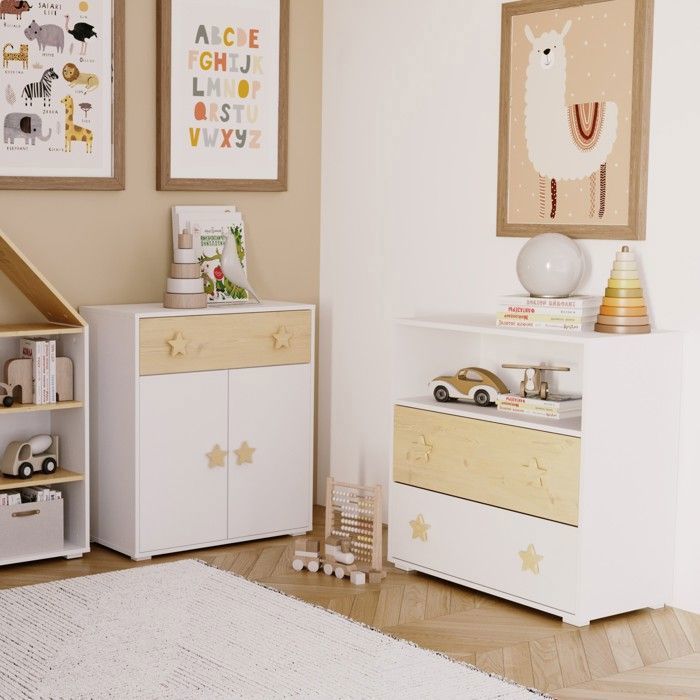 Commode enfant II PUFFI avec 2 tiroirs et étagère pour chambre d’enfant