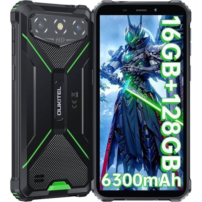 OUKITEL G3 Smartphone Robuste 6300mAh Écran 6 16GB+128GB Téléphone Portable Incassable Android 14 13MP Double SIM 4G/GPS Vert