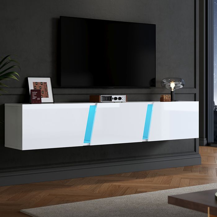 Meuble TV mural 3 portes LED adapté TV 75 brillant Blanc 180x35x30cm Meuble TV mural 3 portes LED adapté TV 75 brillant Blanc 180x35x30cm
