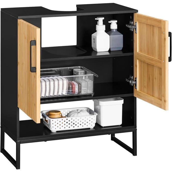 Meuble sous lavabo - SoBuy - BZR202-SCH - Bambou et métal - Compact - Noir & Naturel